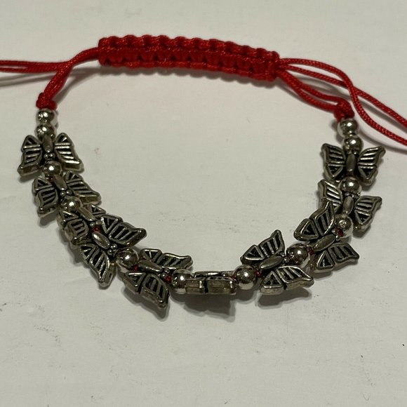 silver tone butterfly Bead red string adjustable bracelet  Anklet - Picture 2 of 6
